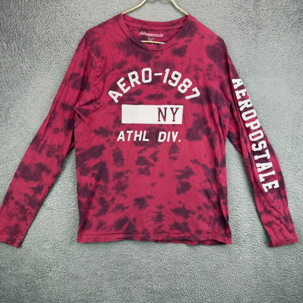 Aeropostale Mens M Long Sleeve Graphic T-Shirt Burgundy Tie Dye Aero 1987 NY